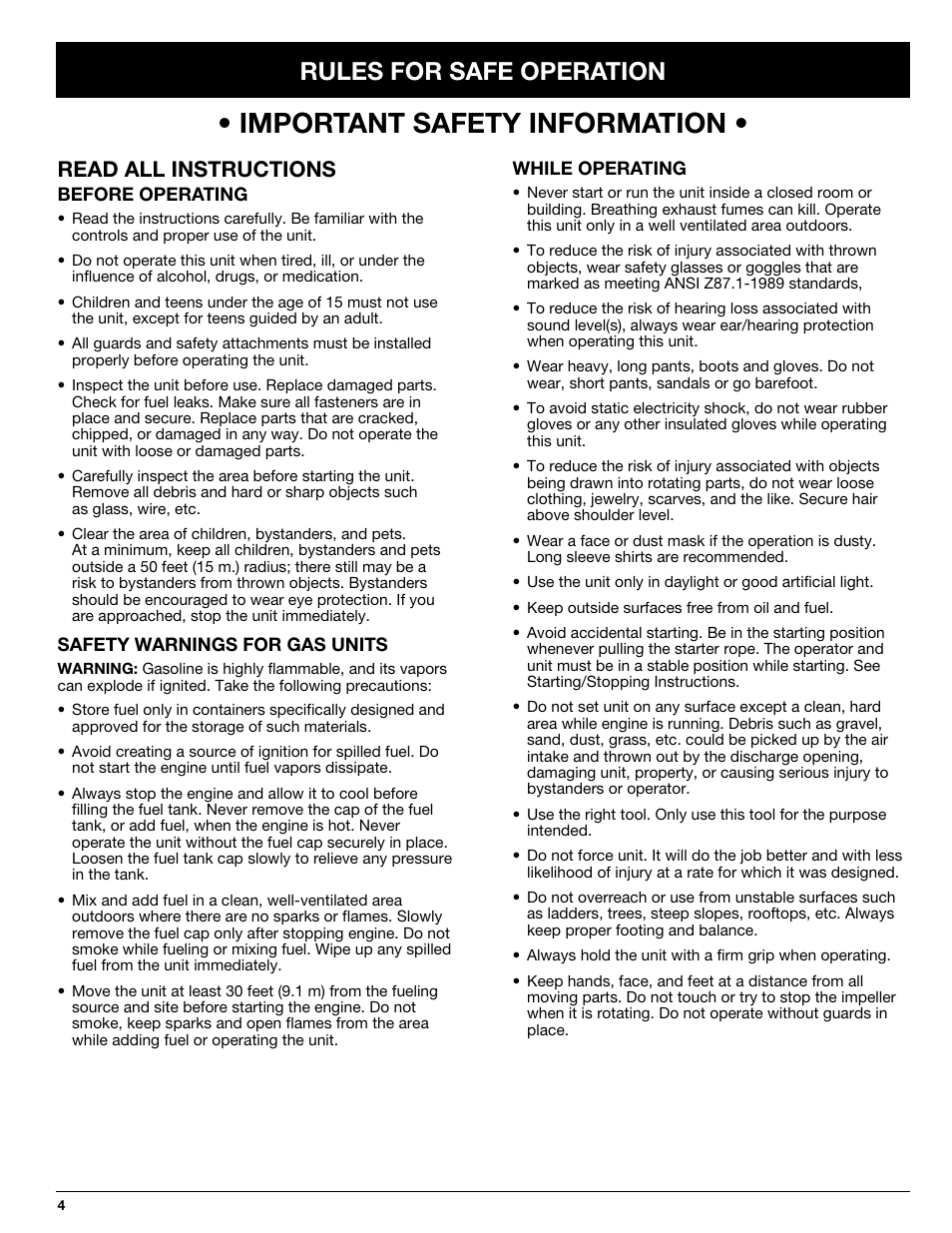Important safety information, Rules for safe operation, Read all instructions | Ryobi 330B User Manual | Page 4 / 22