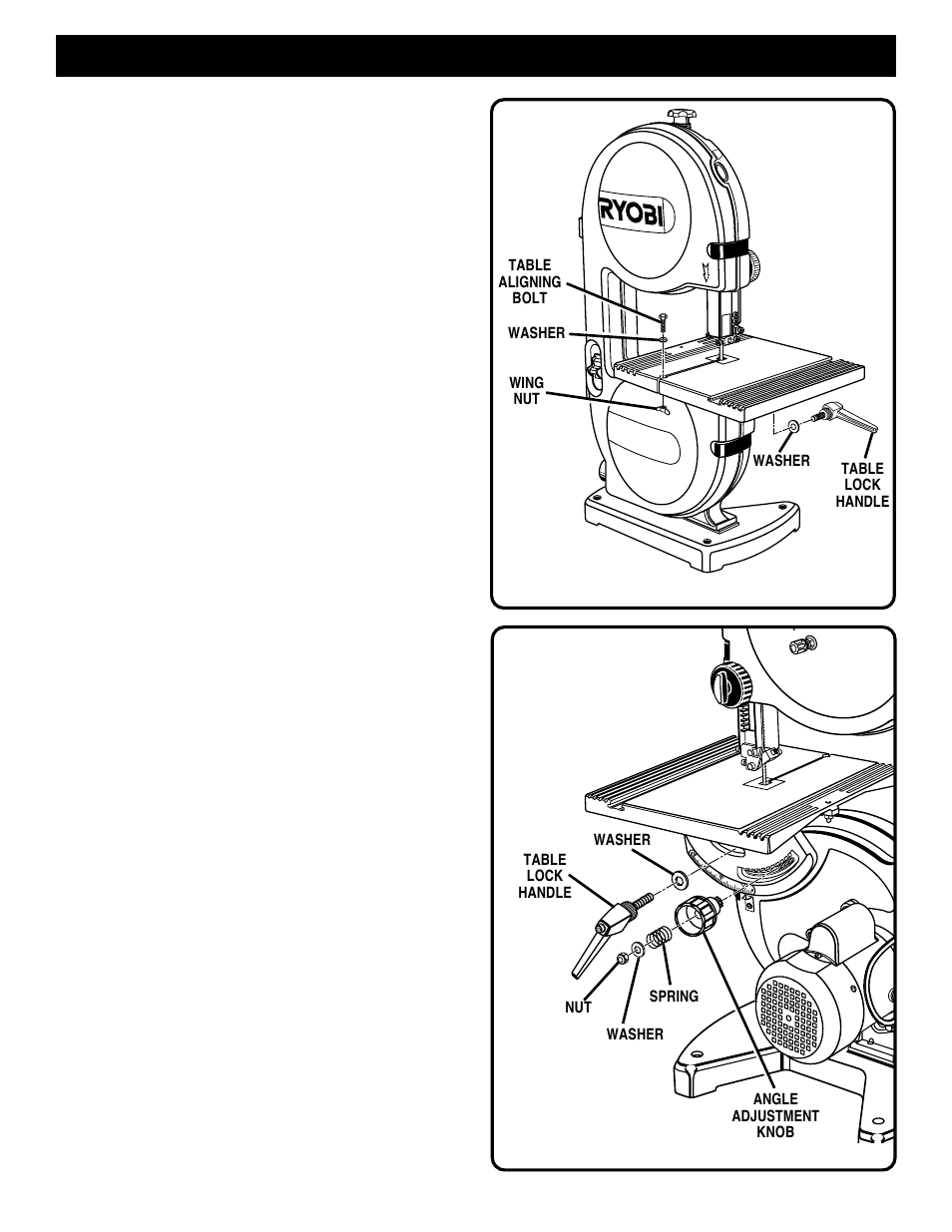Assembly, Mounting the saw table, Mounting band saw to workbench | Ryobi BS901 User Manual | Page 10 / 22