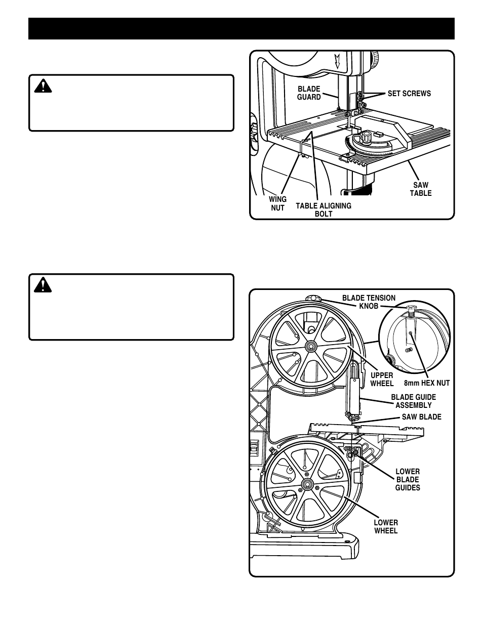 Adjustments, Warning, Installing and adjusting the blade | Ryobi BS901 User Manual | Page 12 / 22