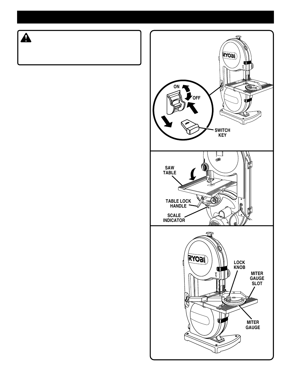 Operation, Warning, Before leaving the saw | Locking the switch, Tilting the table, Using the miter gauge | Ryobi BS901 User Manual | Page 17 / 22