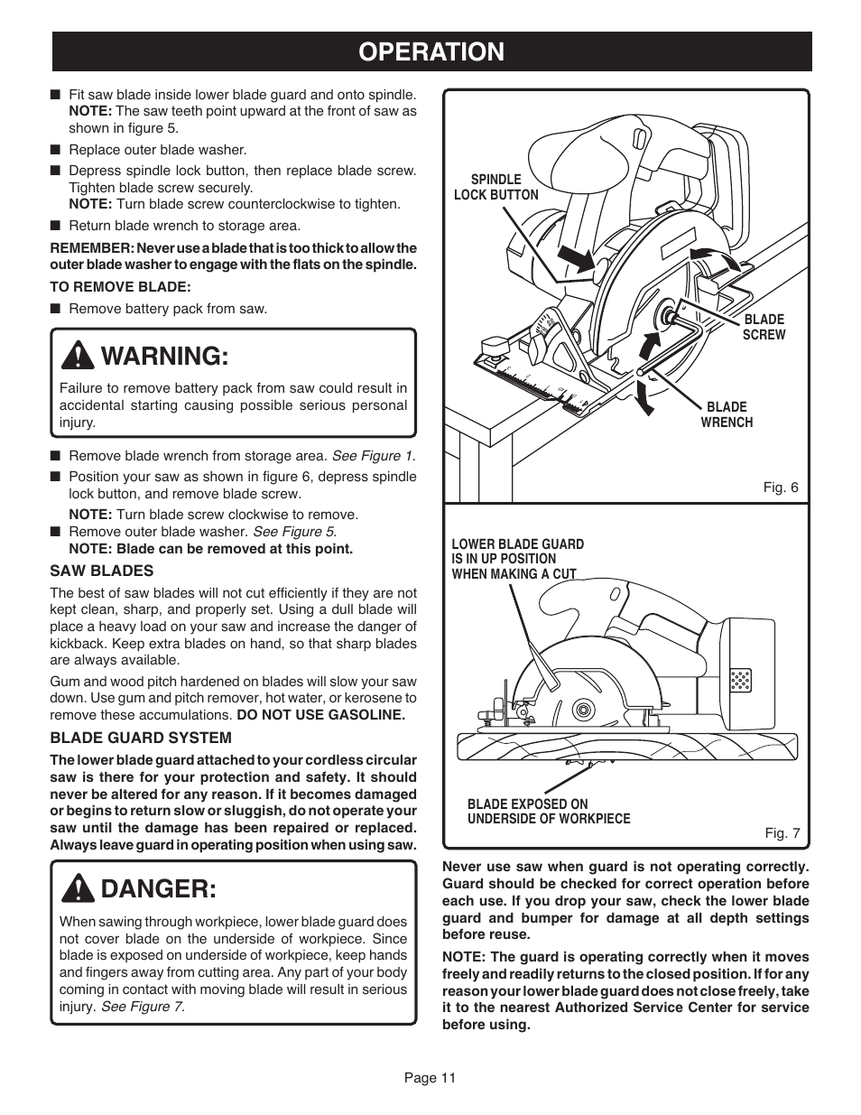 Warning, Danger, Operation | Saw blades, Blade guard system | Ryobi RY6202 User Manual | Page 11 / 20