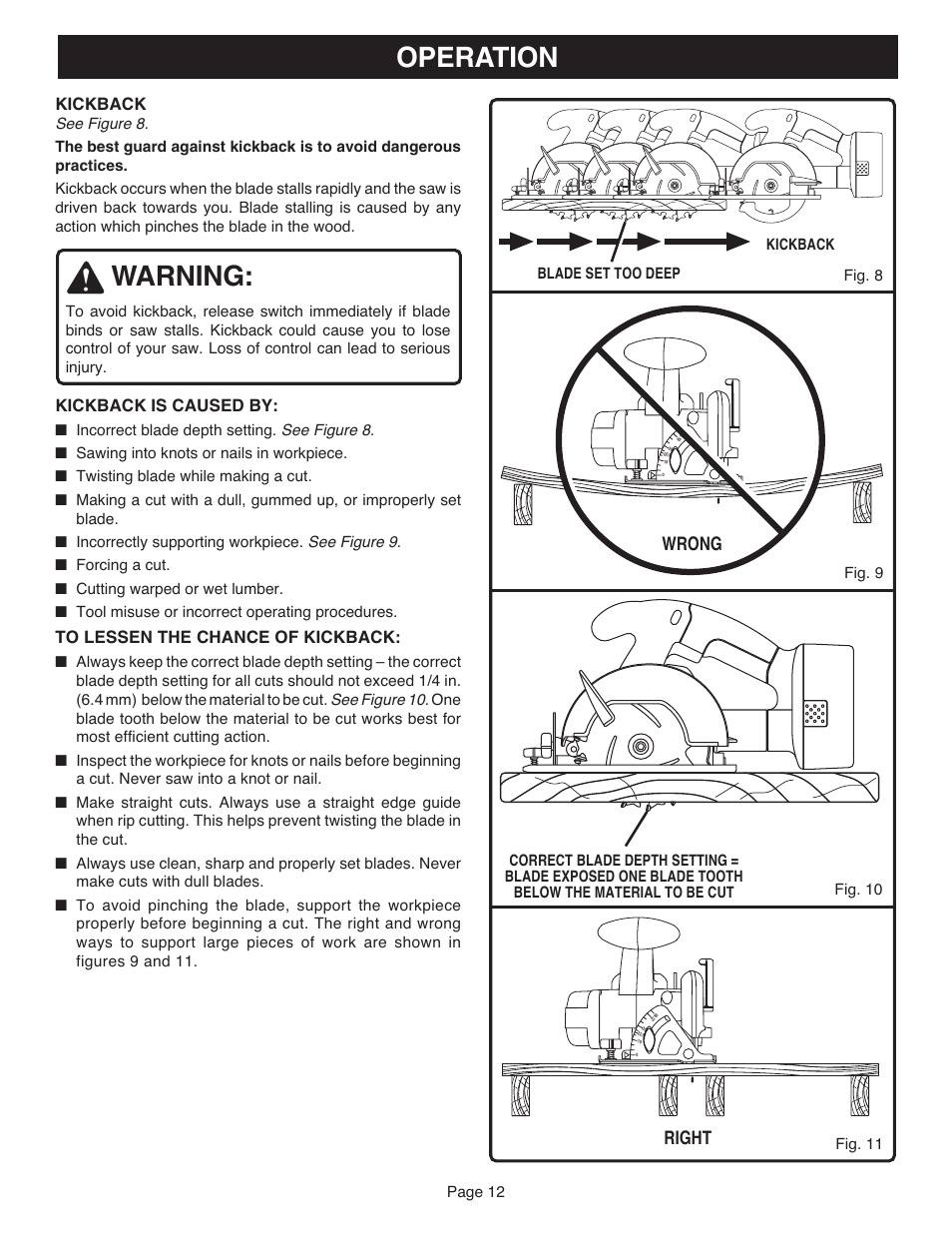 Warning, Operation, Right | Wrong, Kickback, Kickback is caused by | Ryobi RY6202 User Manual | Page 12 / 20