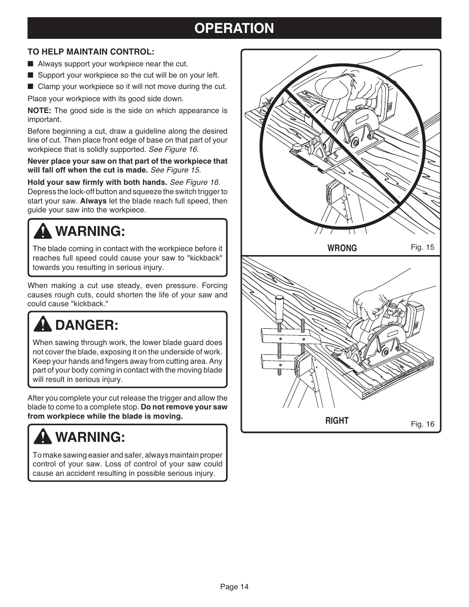 Warning, Danger, Operation | Right, Wrong, Page 14, Fig. 16 fig. 15 | Ryobi RY6202 User Manual | Page 14 / 20