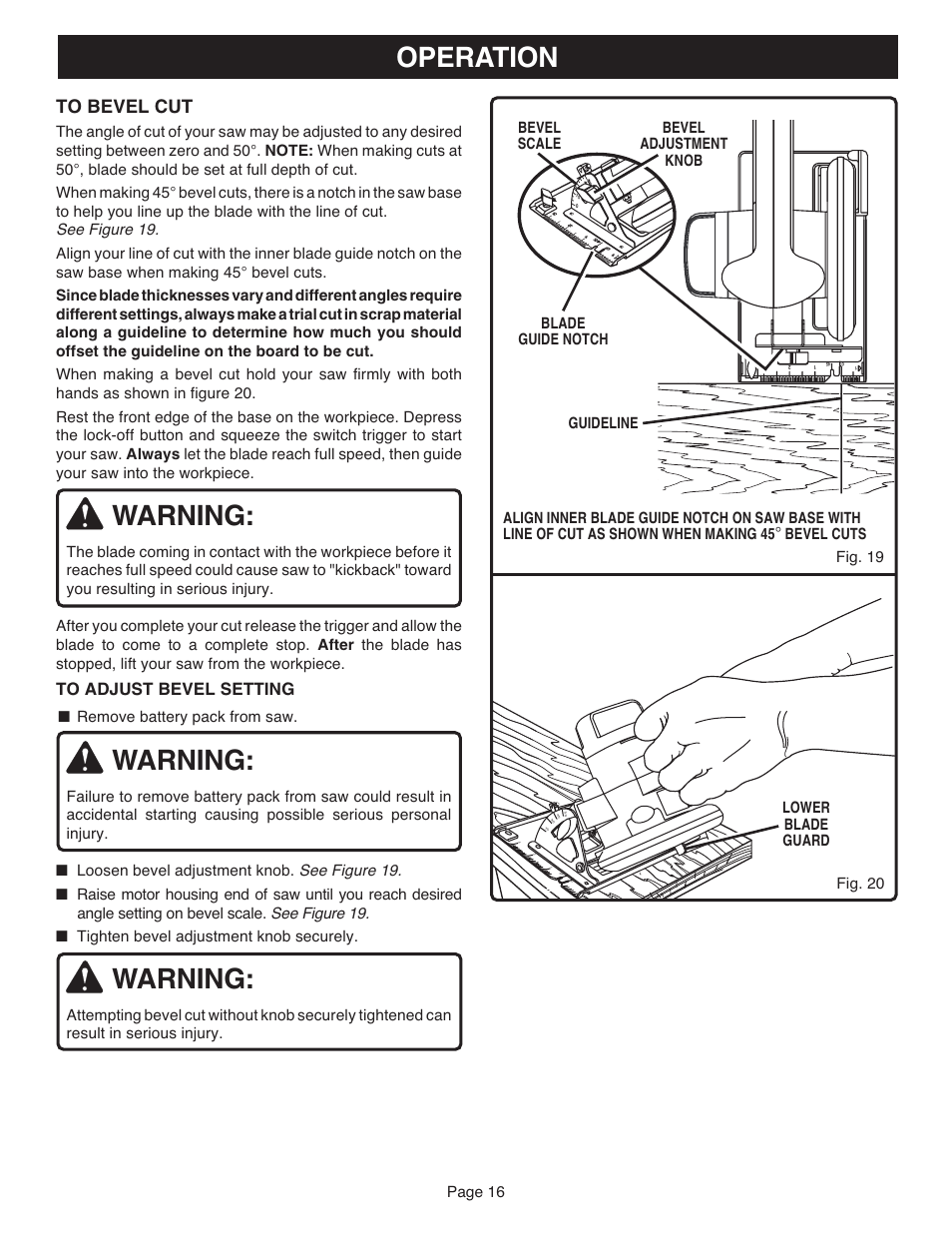 Warning, Operation, Page 16 | Remove battery pack from saw | Ryobi RY6202 User Manual | Page 16 / 20