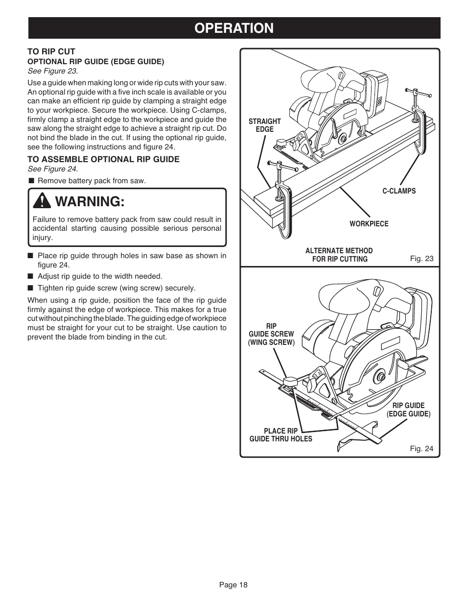 Warning, Operation, Page 18 | See figure 24. ■ remove battery pack from saw | Ryobi RY6202 User Manual | Page 18 / 20