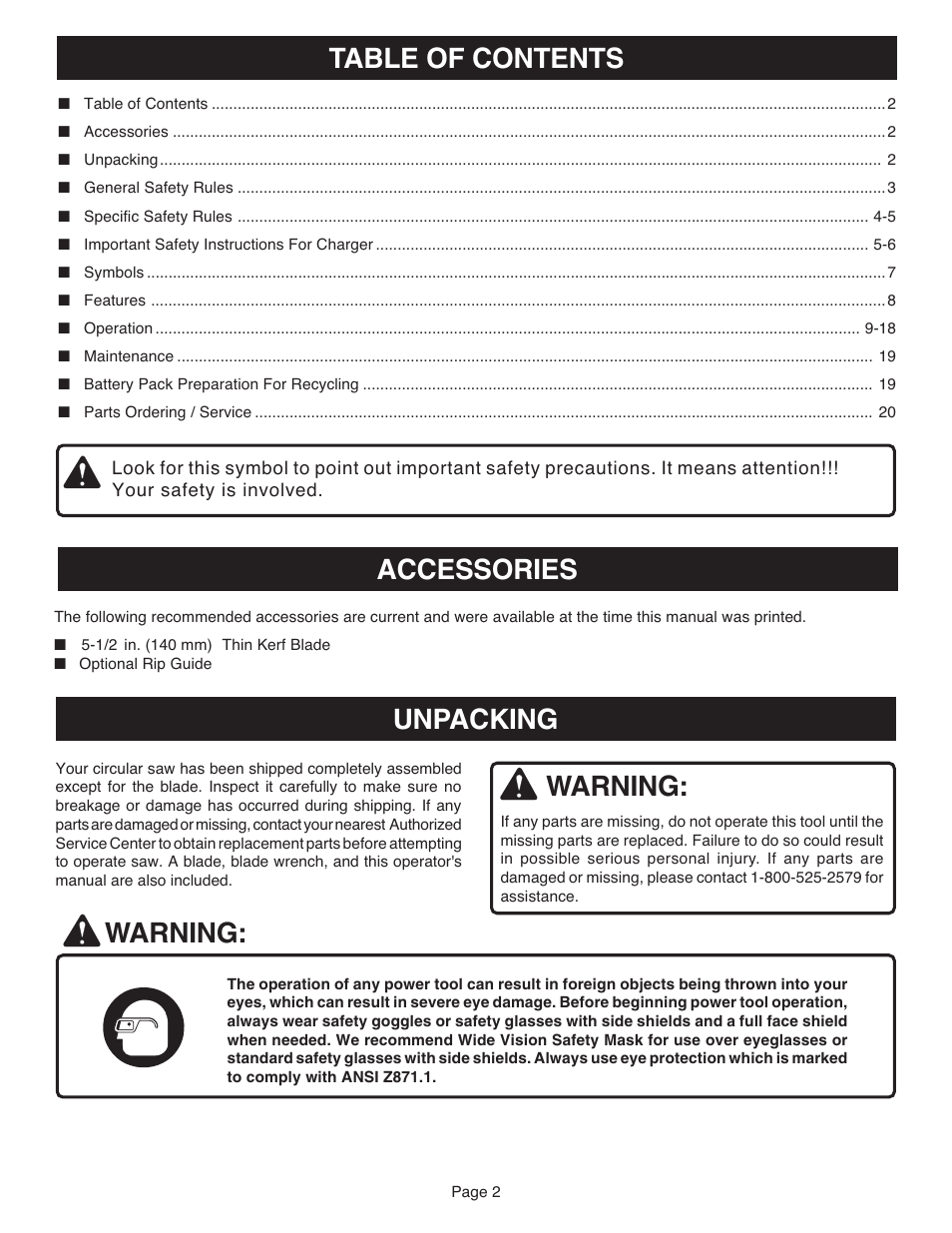 Table of contents accessories unpacking, Warning | Ryobi RY6202 User Manual | Page 2 / 20