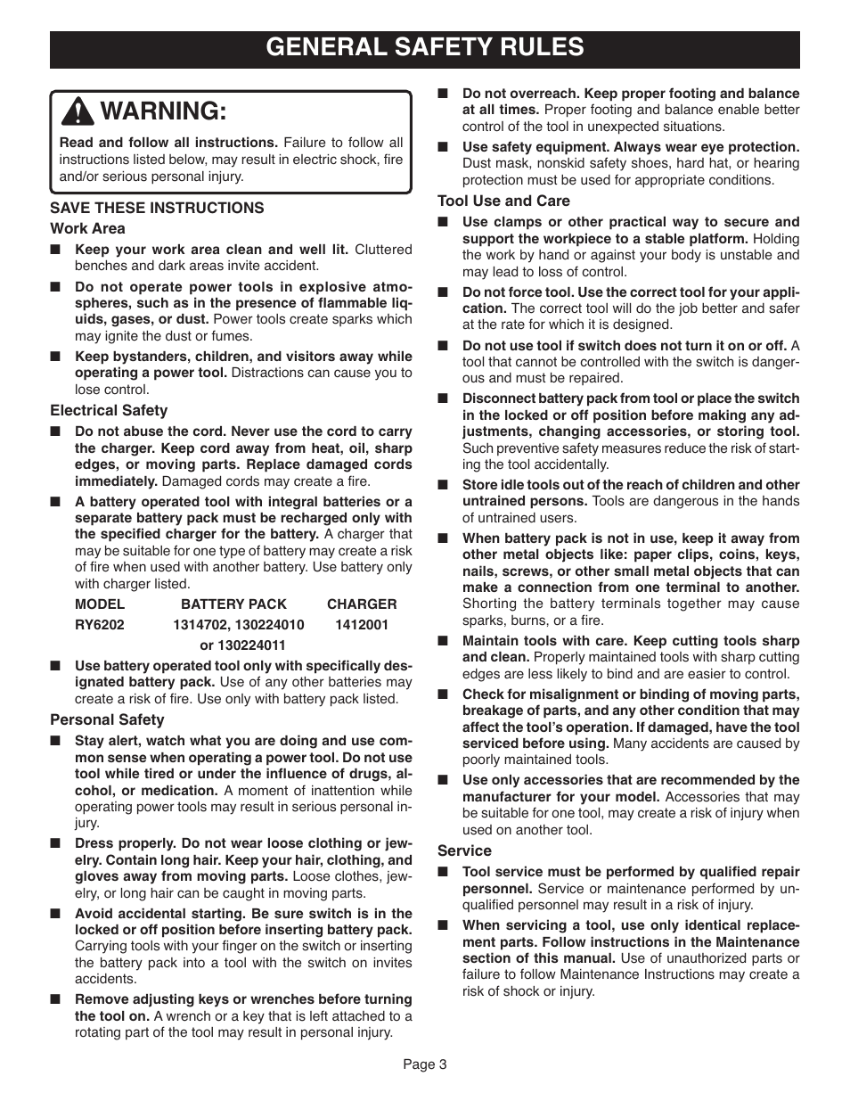 Warning, General safety rules | Ryobi RY6202 User Manual | Page 3 / 20