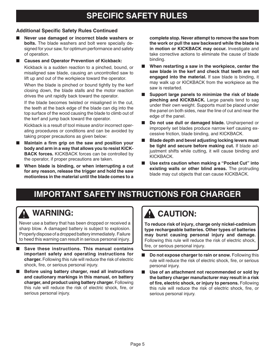 Specific safety rules, Important safety instructions for charger warning, Caution | Ryobi RY6202 User Manual | Page 5 / 20