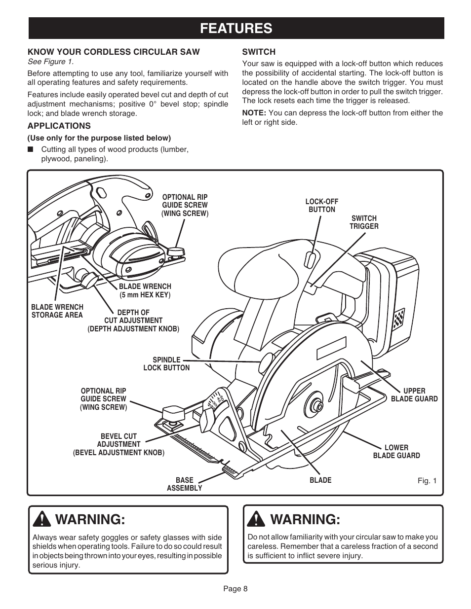 Warning, Features | Ryobi RY6202 User Manual | Page 8 / 20