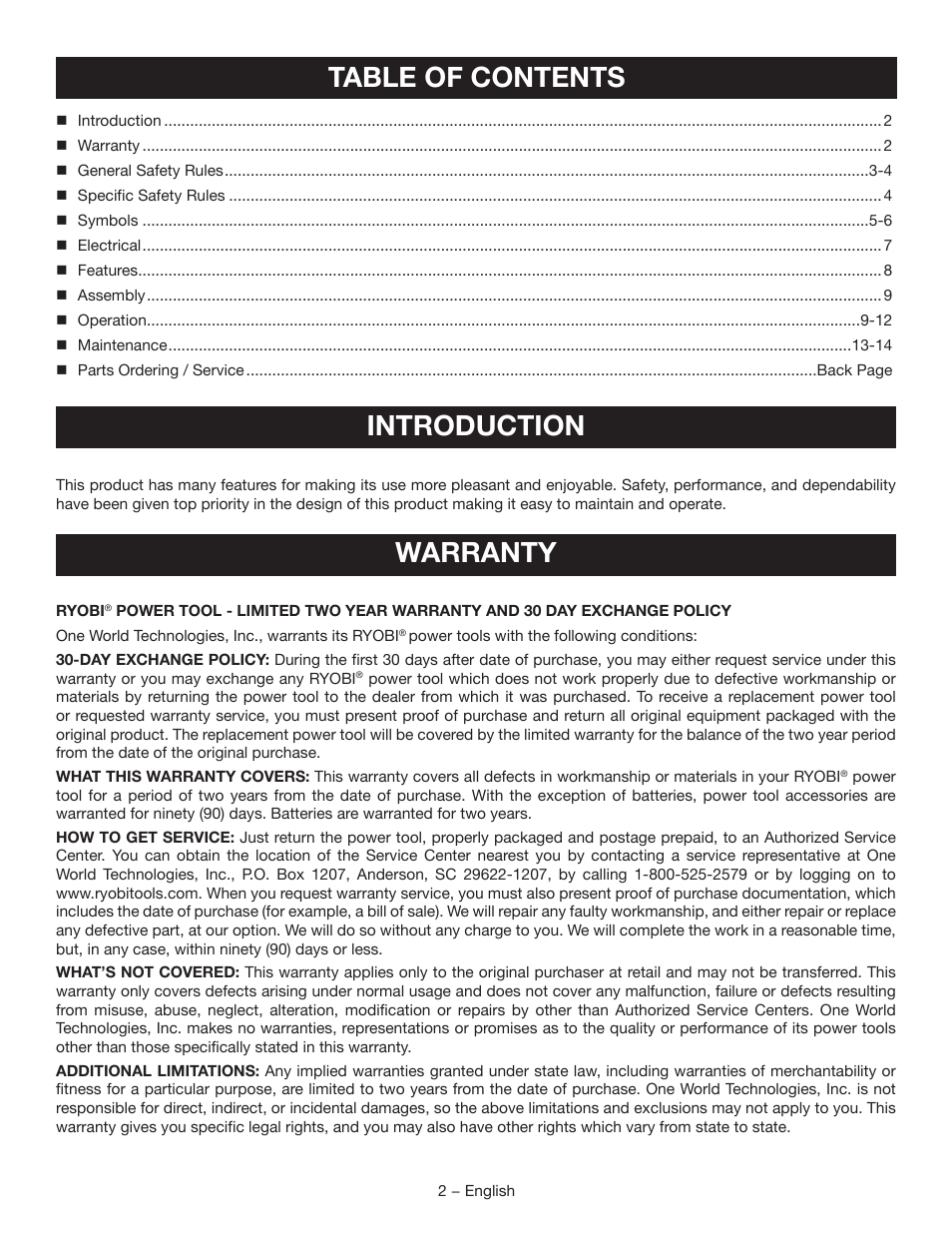 Table of contents introduction, Warranty | Ryobi D41K User Manual | Page 2 / 16