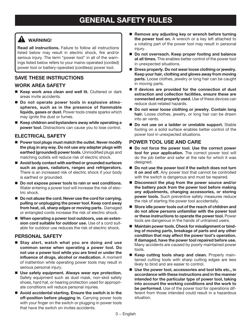 General safety rules | Ryobi D41K User Manual | Page 3 / 16