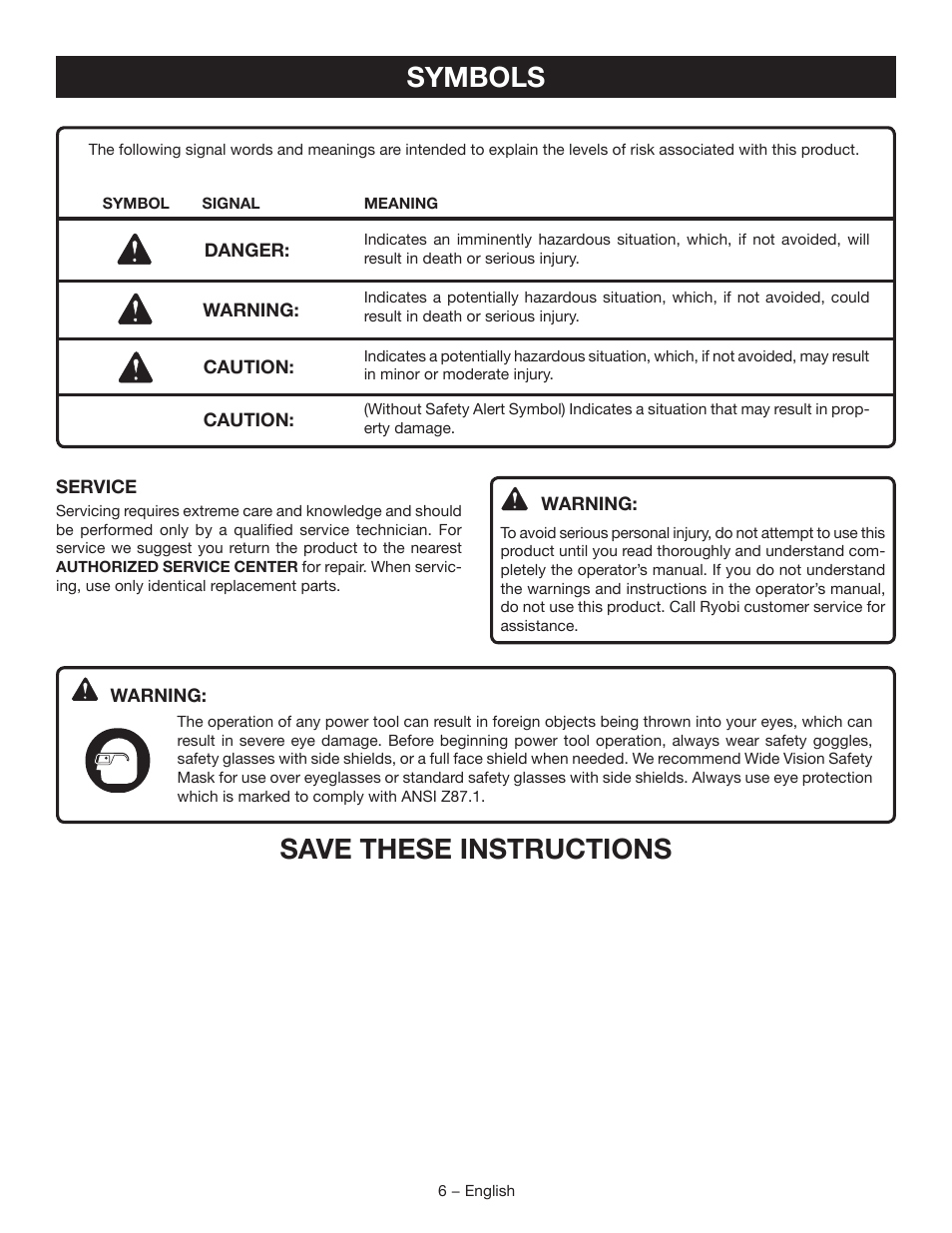 Symbols, Save these instructions | Ryobi D41K User Manual | Page 6 / 16