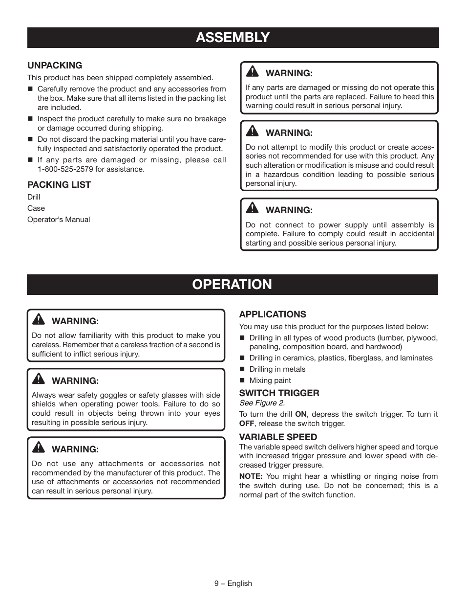 Assembly, Operation | Ryobi D41K User Manual | Page 9 / 16