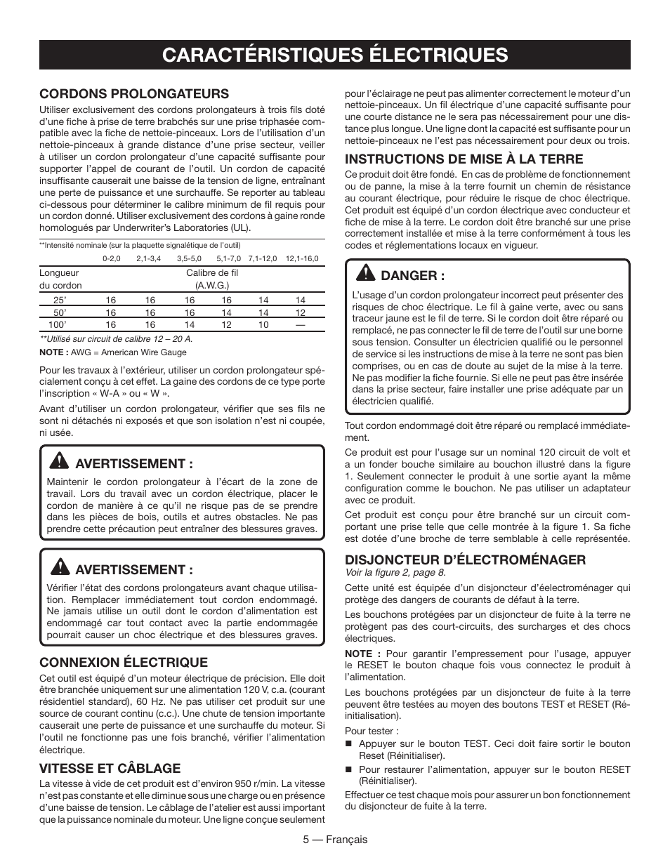 Caractéristiques électriques, Cordons prolongateurs, Avertissement | Connexion électrique, Vitesse et câblage, Instructions de mise à la terre, Danger, Disjoncteur d’électroménager | Ryobi BC400 User Manual | Page 11 / 24