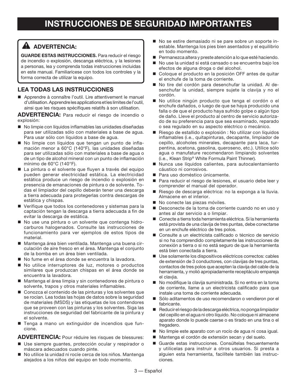 Instrucciones de seguridad importantes, Advertencia, Lea todas las instrucciones | Ryobi BC400 User Manual | Page 15 / 24