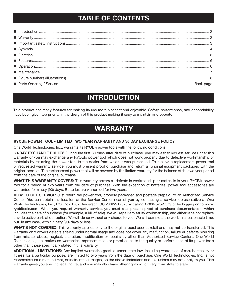 Table of contents introduction, Warranty | Ryobi BC400 User Manual | Page 2 / 24