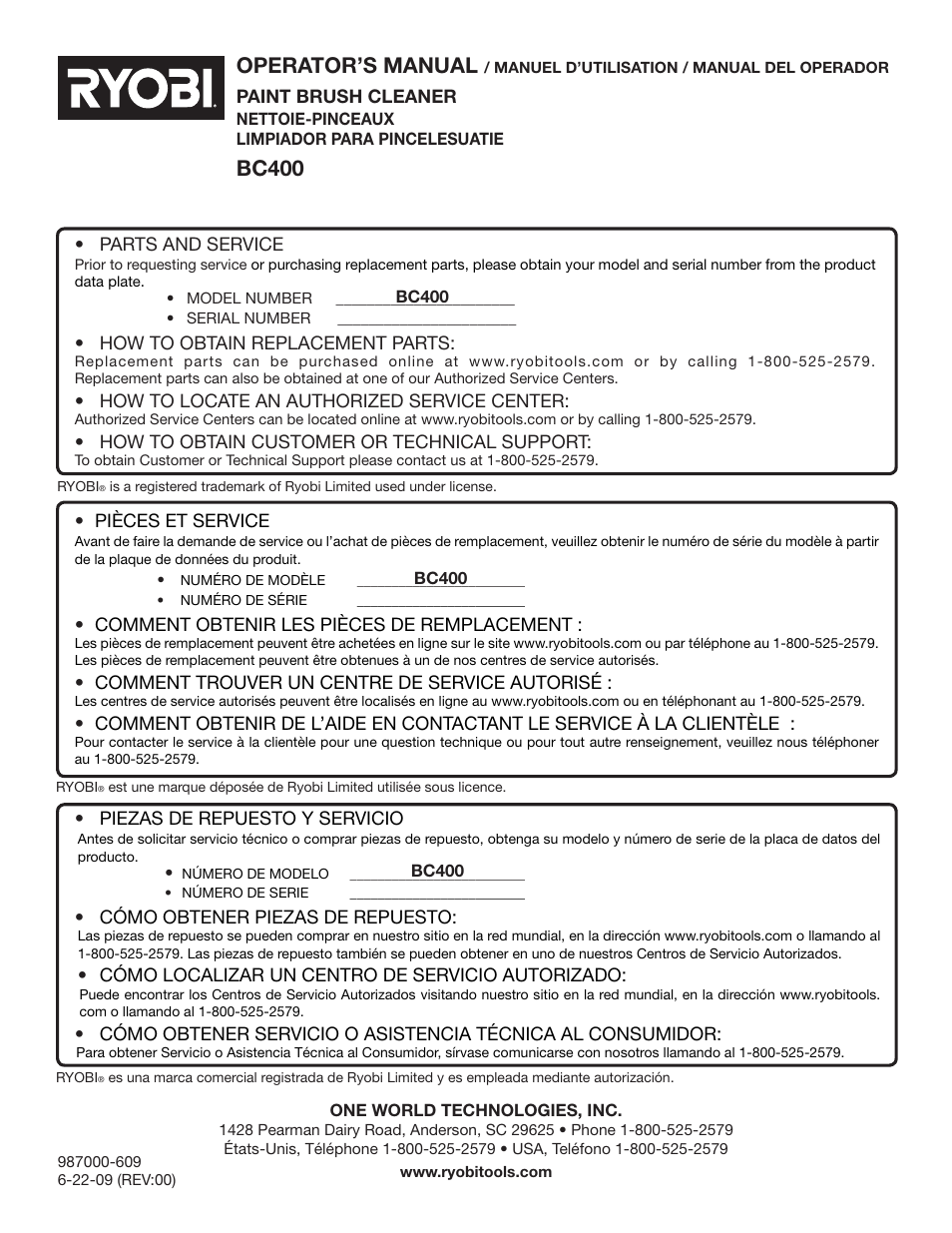 Operator’s manual, Bc400 | Ryobi BC400 User Manual | Page 24 / 24