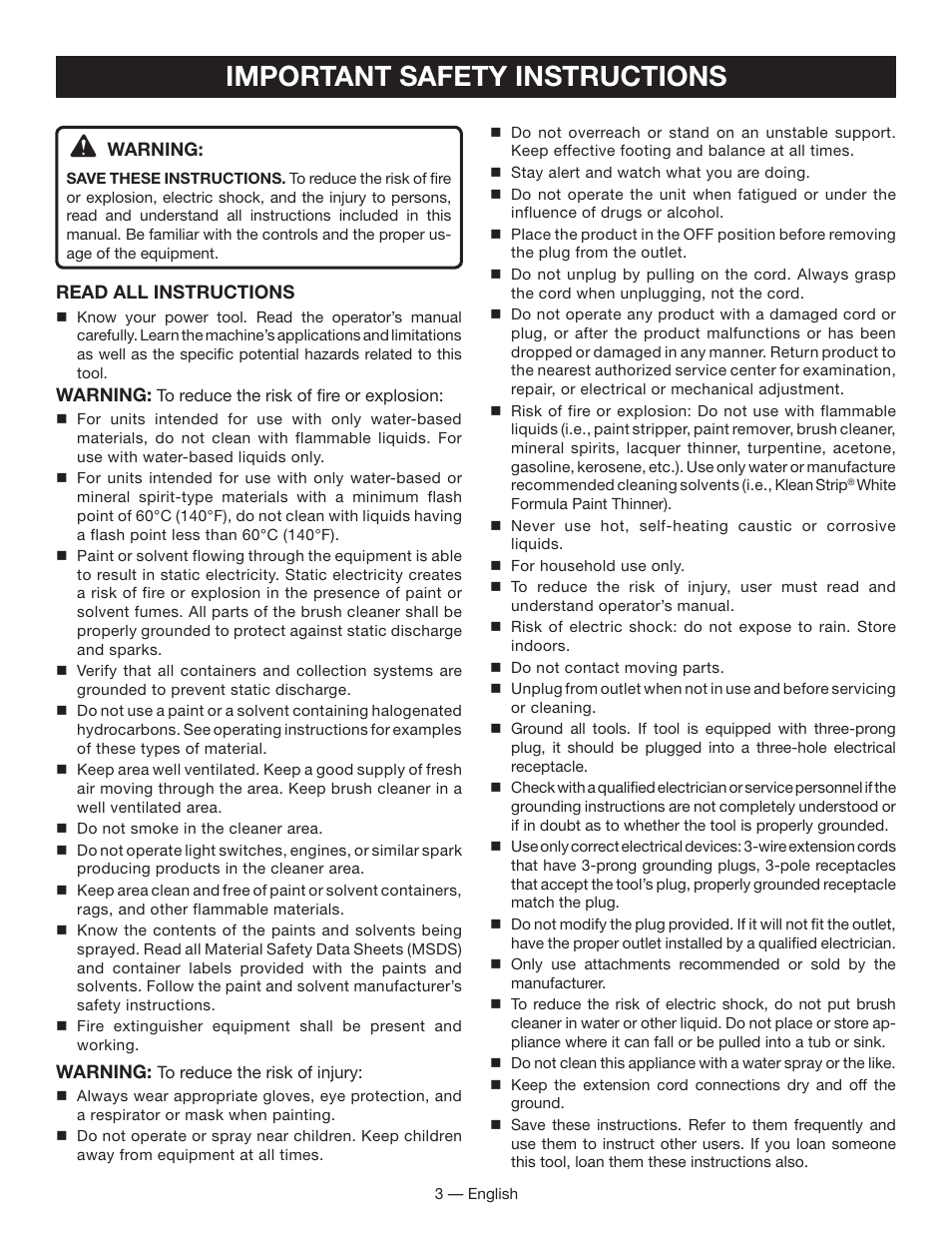 Important safety instructions | Ryobi BC400 User Manual | Page 3 / 24