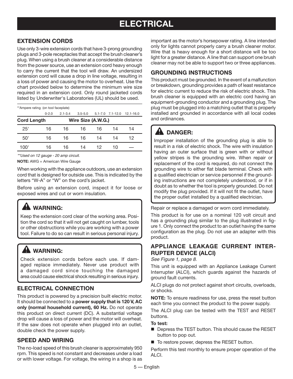 Electrical | Ryobi BC400 User Manual | Page 5 / 24