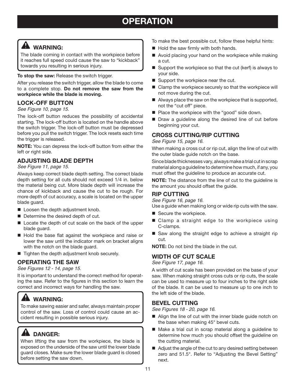 Operation | Ryobi P501 User Manual | Page 11 / 44