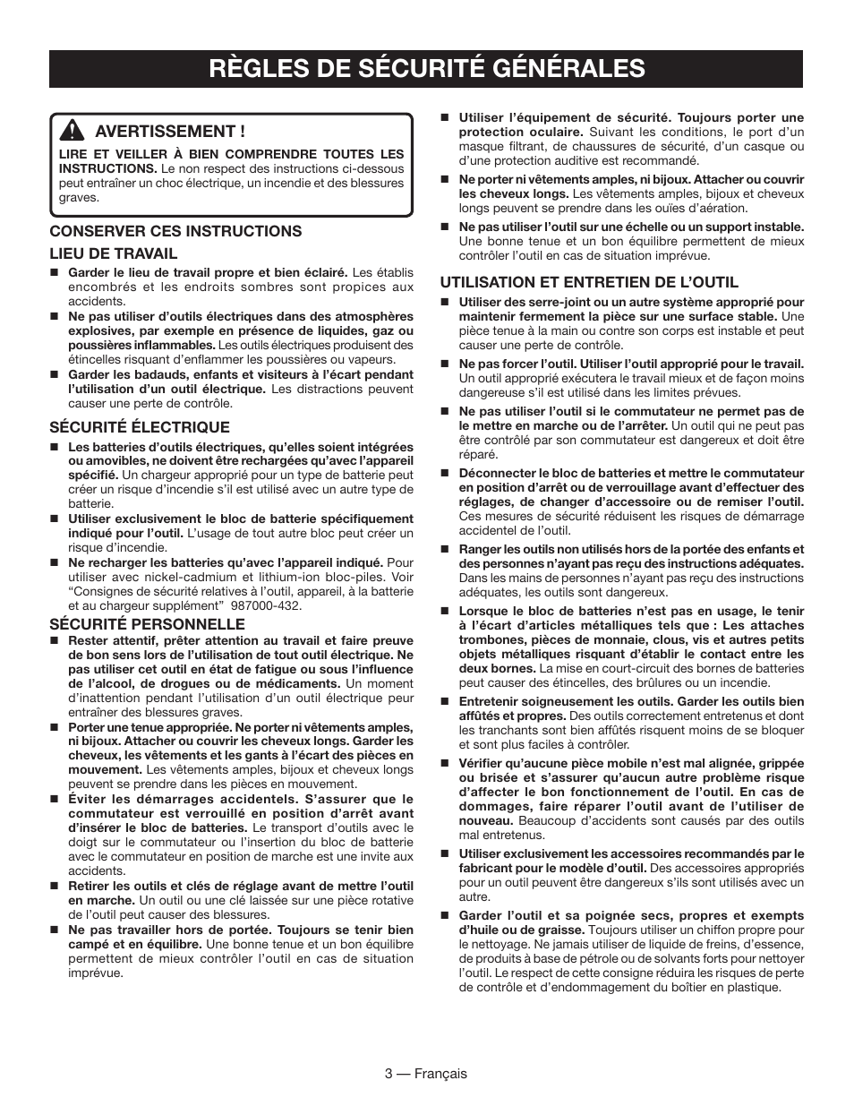 Règles de sécurité générales, Avertissement | Ryobi P501 User Manual | Page 15 / 44