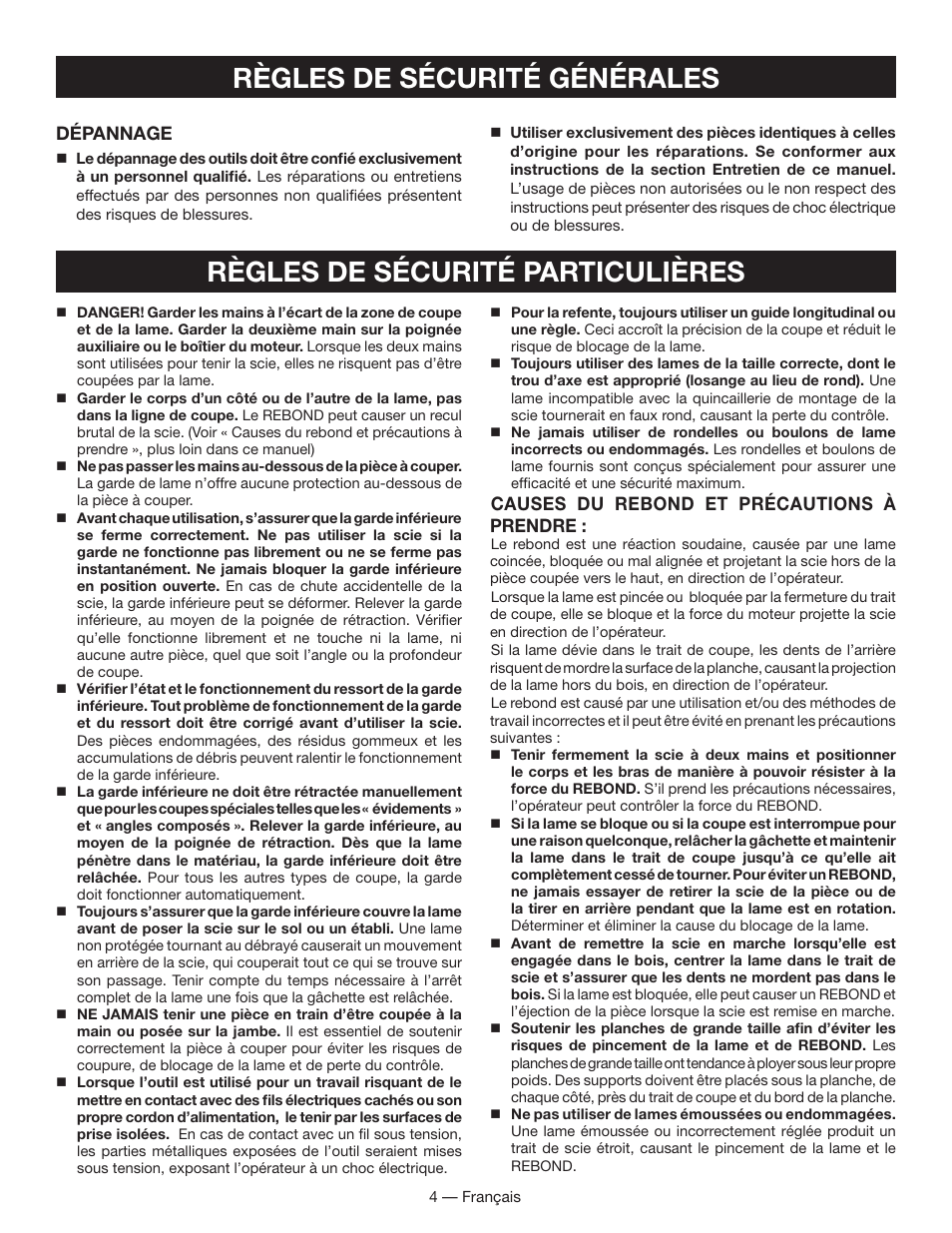 Dépannage, Causes du rebond et précautions à prendre | Ryobi P501 User Manual | Page 16 / 44
