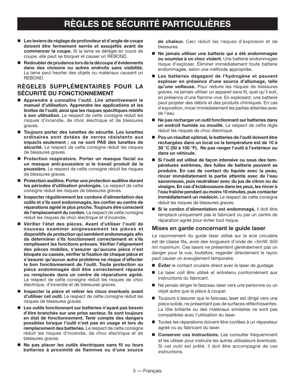Règles de sécurité particulières, Mises en garde concernant le guide laser | Ryobi P501 User Manual | Page 17 / 44