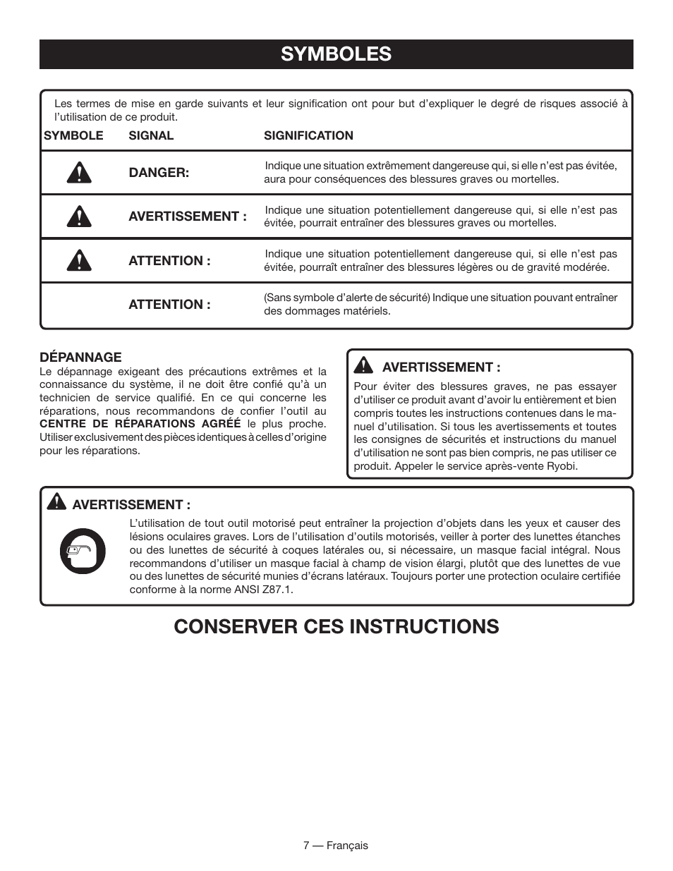 Symboles, Conserver ces instructions | Ryobi P501 User Manual | Page 19 / 44
