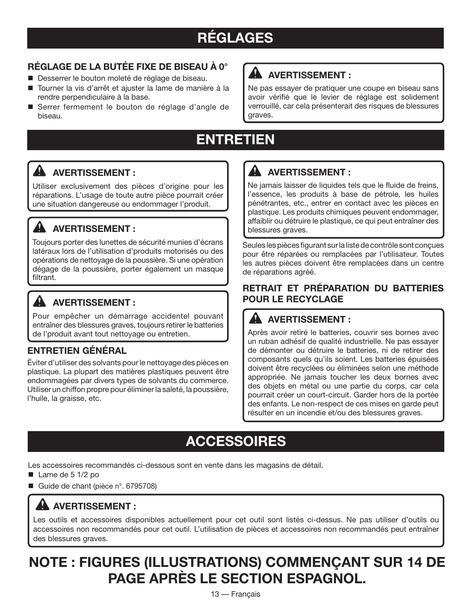 Entretien réglages, Accessoires | Ryobi P501 User Manual | Page 25 / 44