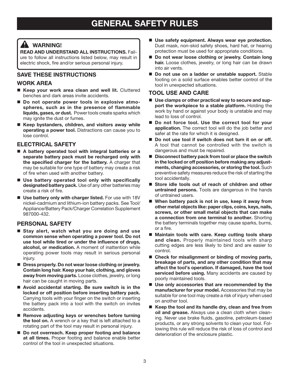 General safety rules | Ryobi P501 User Manual | Page 3 / 44