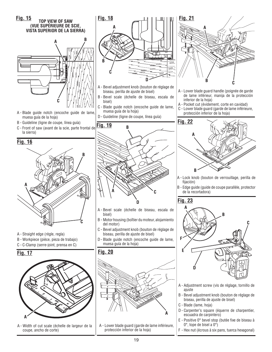 Fig. 18, Fig. 17, Fig. 15 | Fig. 16, Fig. 19, Fig. 20, Fig. 21, Fig. 22, Fig. 23, Ab c a | Ryobi P501 User Manual | Page 43 / 44