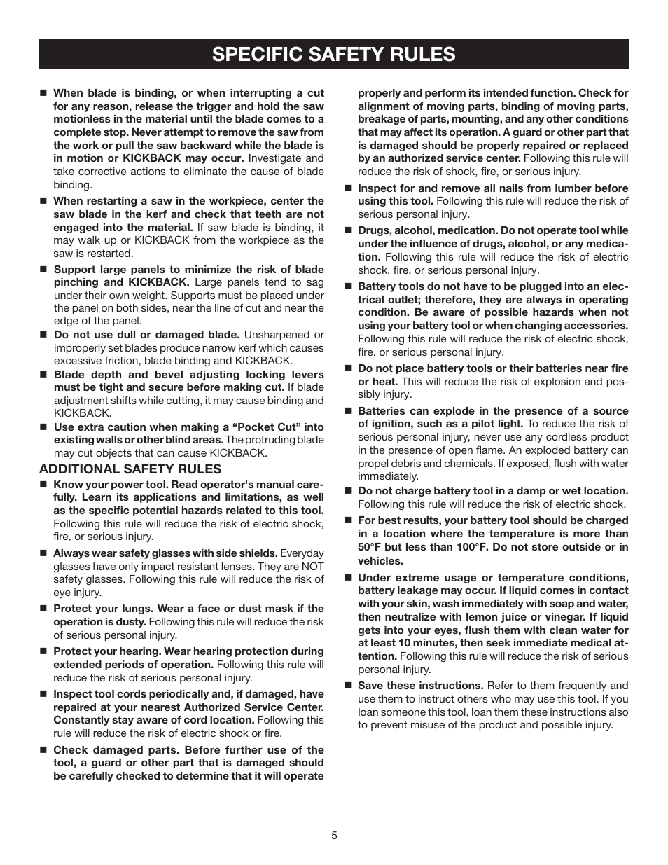 Specific safety rules | Ryobi P501 User Manual | Page 5 / 44