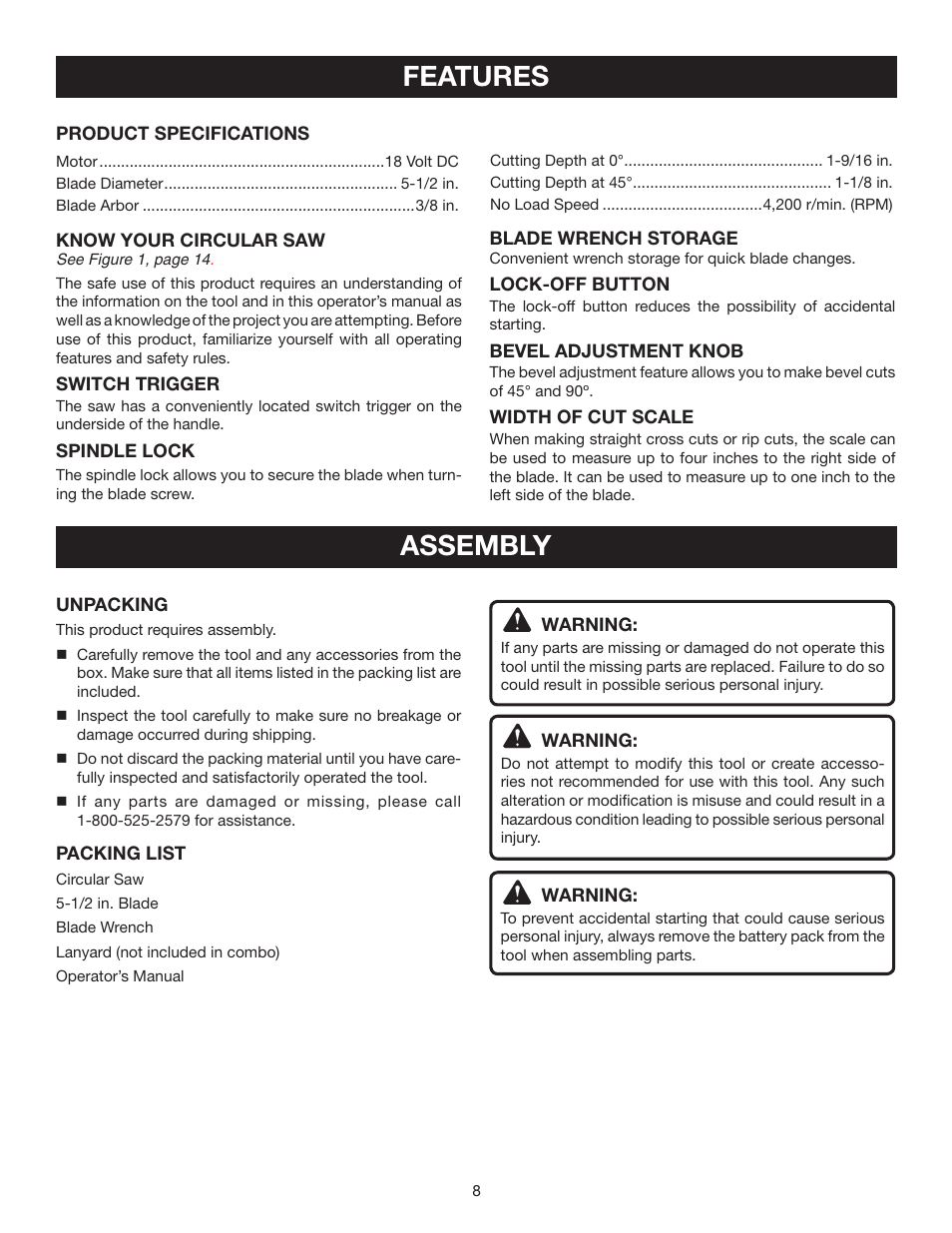 Features, Assembly | Ryobi P501 User Manual | Page 8 / 44