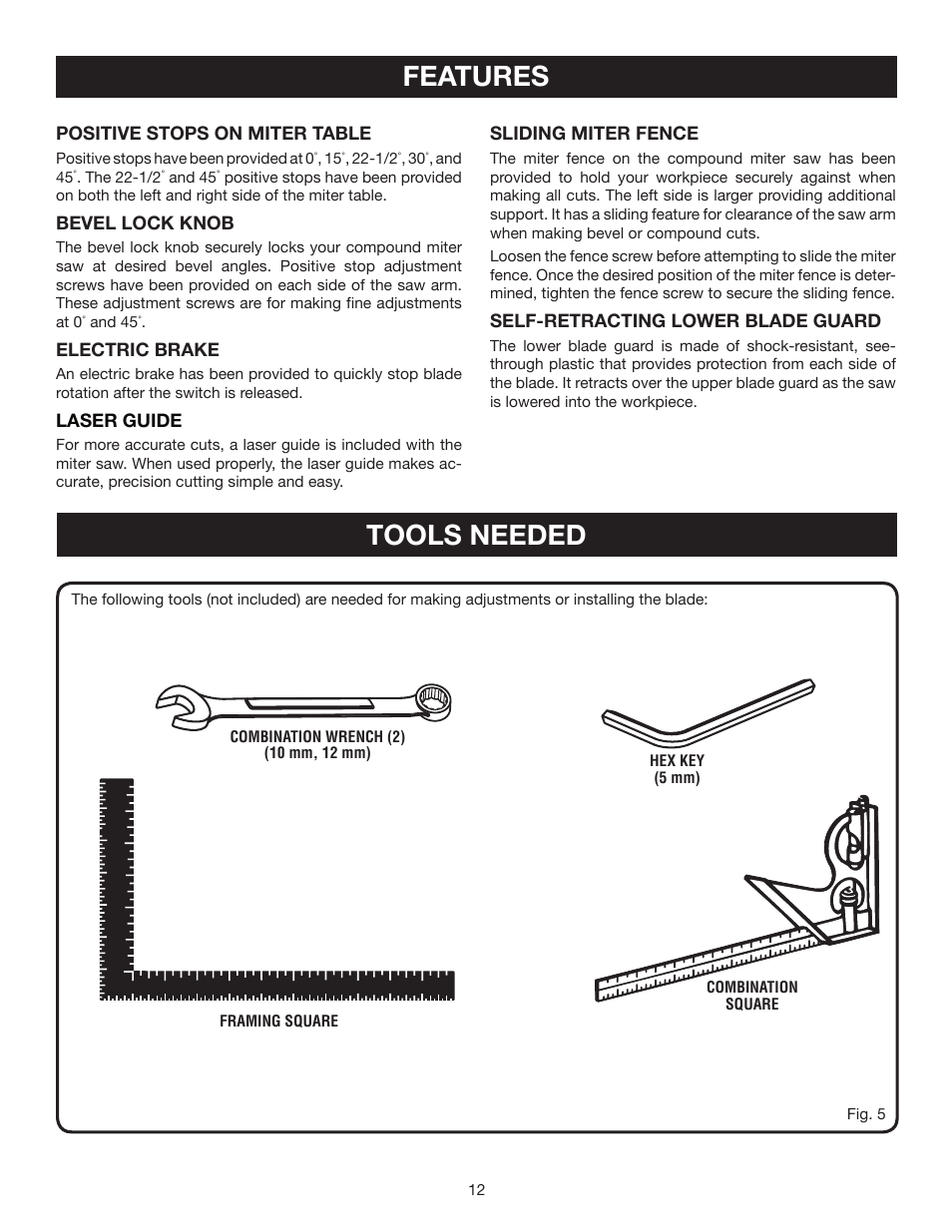 Features, Tools needed | Ryobi TS1552DXL User Manual | Page 12 / 34