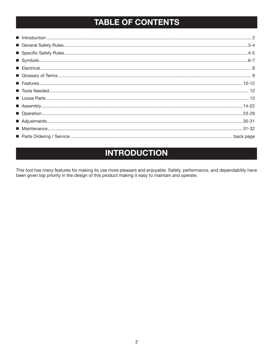 Table of contents introduction | Ryobi TS1552DXL User Manual | Page 2 / 34
