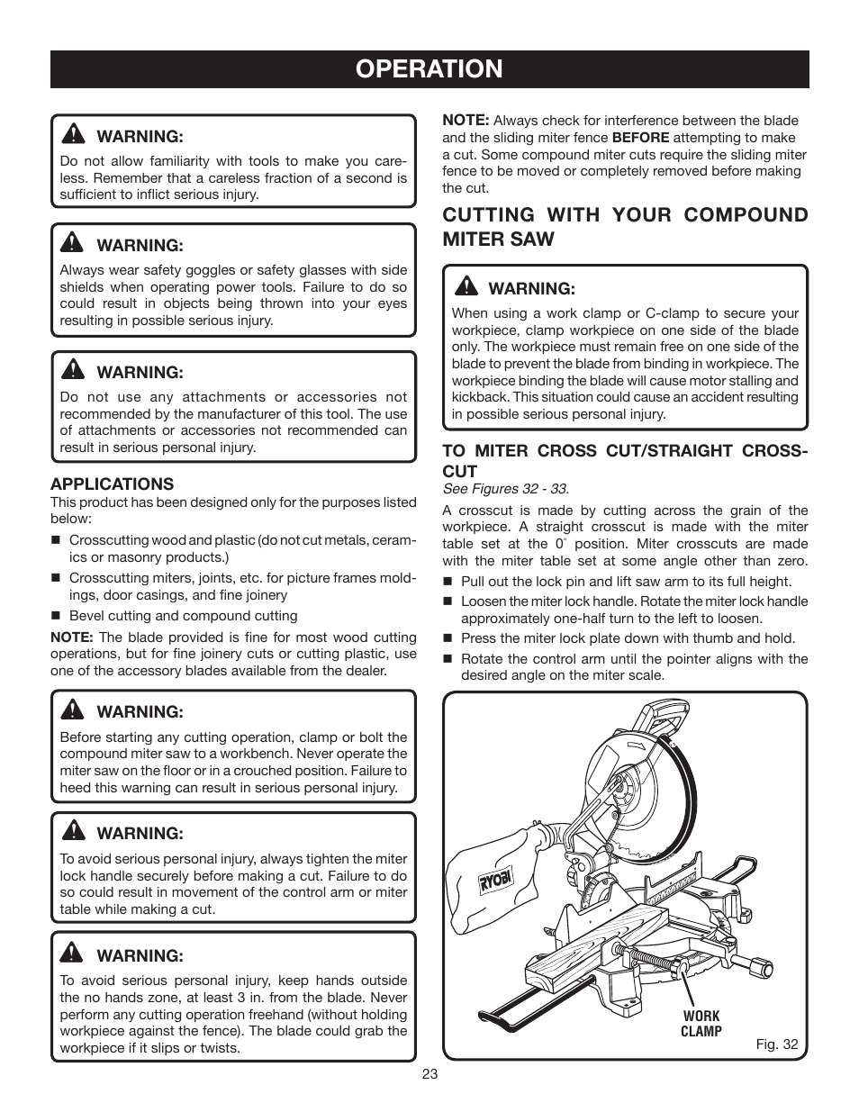 Operation, Cutting with your compound miter saw | Ryobi TS1552DXL User Manual | Page 23 / 34