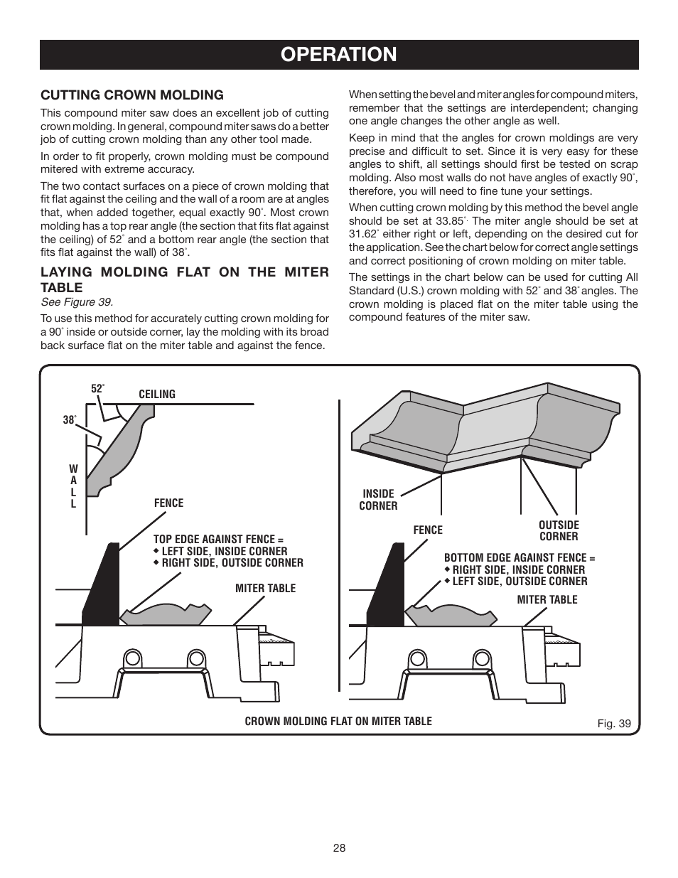 Operation, Cutting crown molding, Laying molding flat on the miter table | Ryobi TS1552DXL User Manual | Page 28 / 34