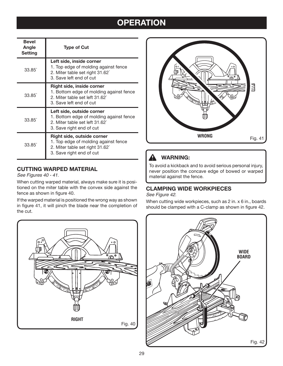 Operation, Warning, Clamping wide workpieces | Cutting warped material | Ryobi TS1552DXL User Manual | Page 29 / 34