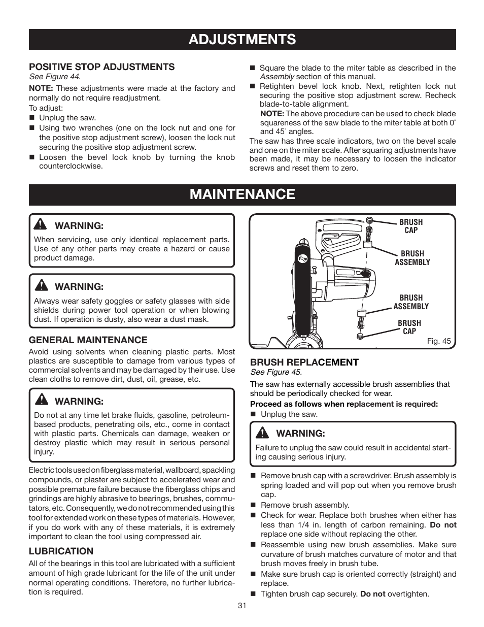 Maintenance, Adjustments | Ryobi TS1552DXL User Manual | Page 31 / 34
