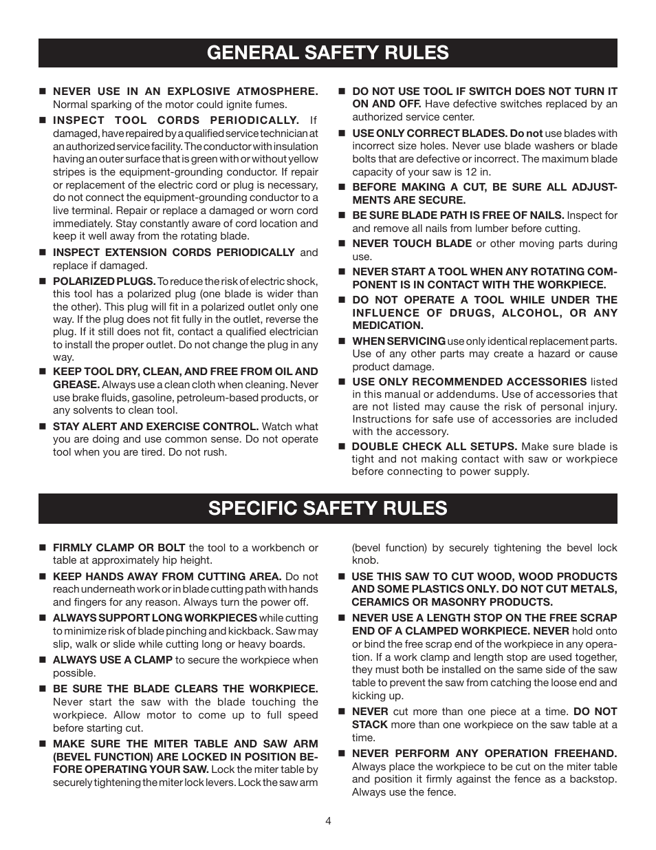 General safety rules, Specific safety rules | Ryobi TS1552DXL User Manual | Page 4 / 34