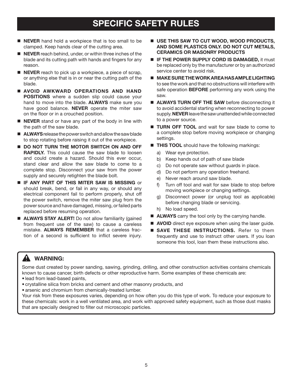 Specific safety rules | Ryobi TS1552DXL User Manual | Page 5 / 34