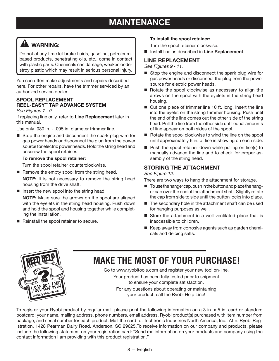 Make the most of your purchase, Maintenance | Ryobi RY15525 User Manual | Page 10 / 30