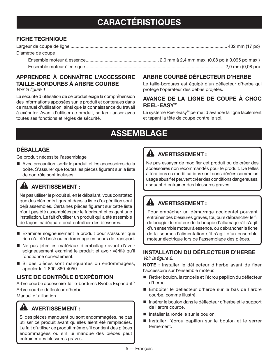 Caractéristiques assemblage | Ryobi RY15525 User Manual | Page 15 / 30