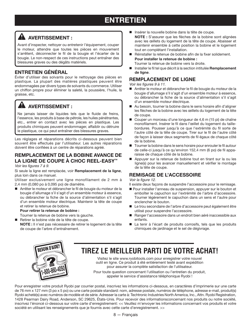 Entretien, Tirez le meilleur parti de votre achat, Besoin d’aid e | Ryobi RY15525 User Manual | Page 18 / 30