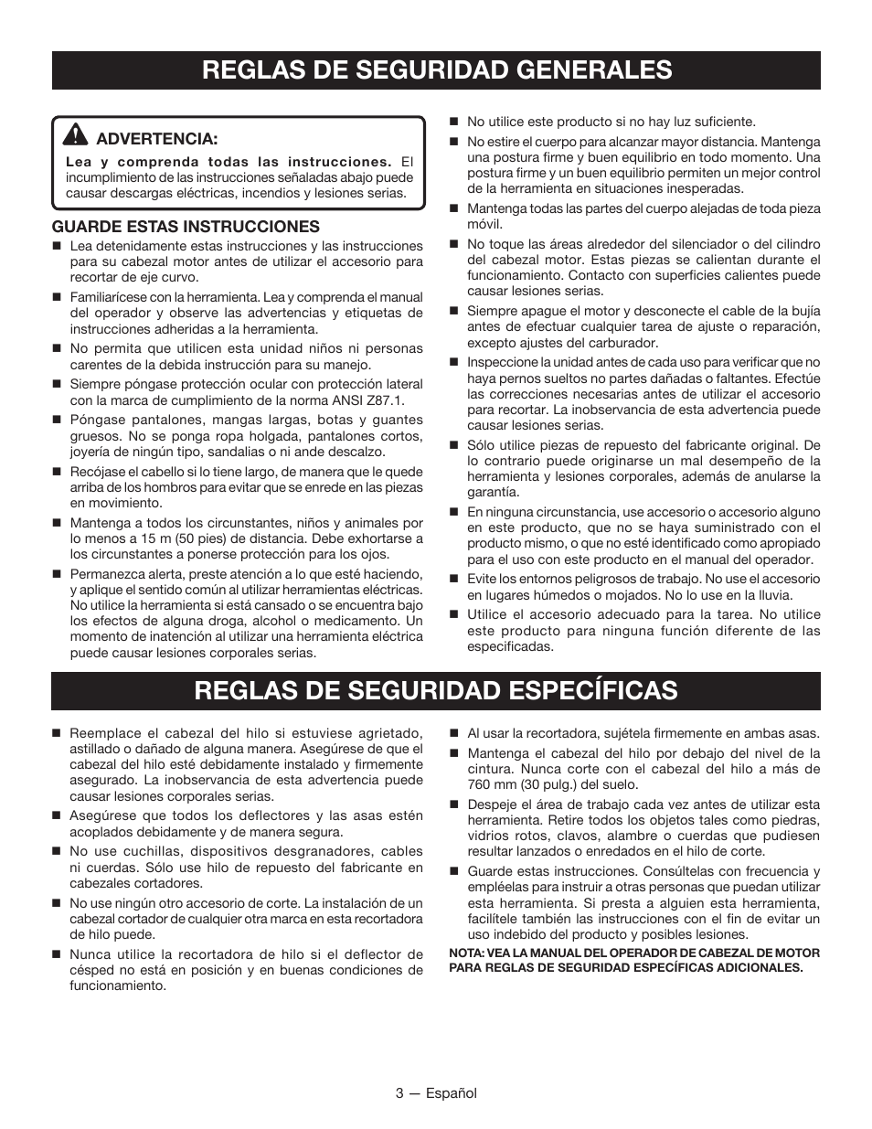 Reglas de seguridad generales, Reglas de seguridad específicas | Ryobi RY15525 User Manual | Page 21 / 30