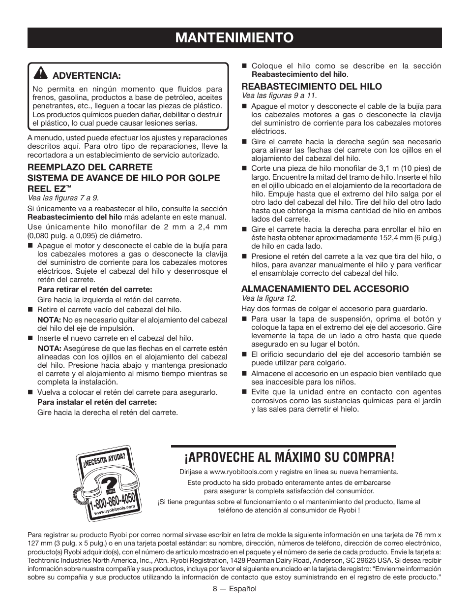 Mantenimiento, Aproveche al máximo su compra | Ryobi RY15525 User Manual | Page 26 / 30