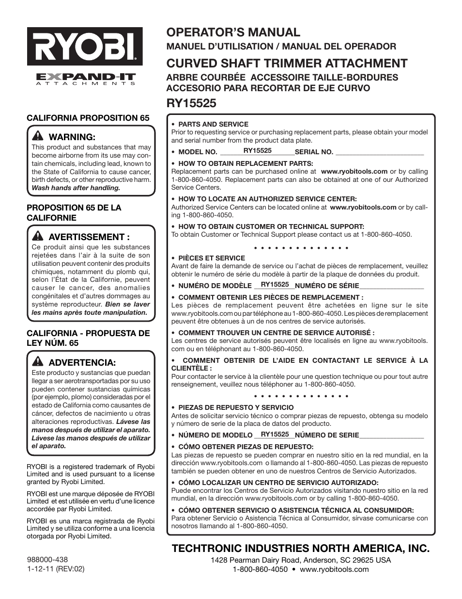 Operator’s manual, Curved shaft trimmer attachment, Techtronic industries north america, inc | Ryobi RY15525 User Manual | Page 30 / 30