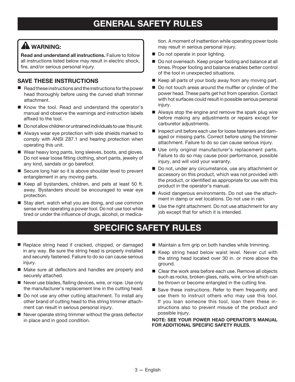 General safety rules, Specific safety rules | Ryobi RY15525 User Manual | Page 5 / 30