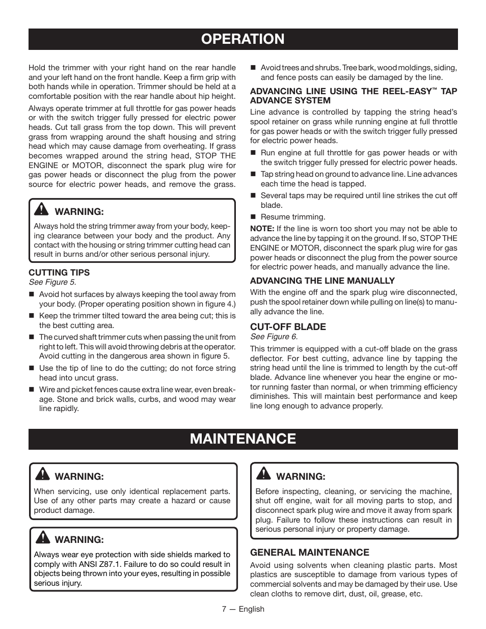 Operation, Maintenance | Ryobi RY15525 User Manual | Page 9 / 30