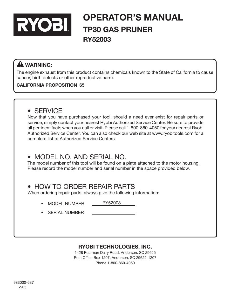 Operator’s manual, Tp30 gas pruner, Service | Model no. and serial no, How to order repair parts | Ryobi RY52003 User Manual | Page 22 / 22